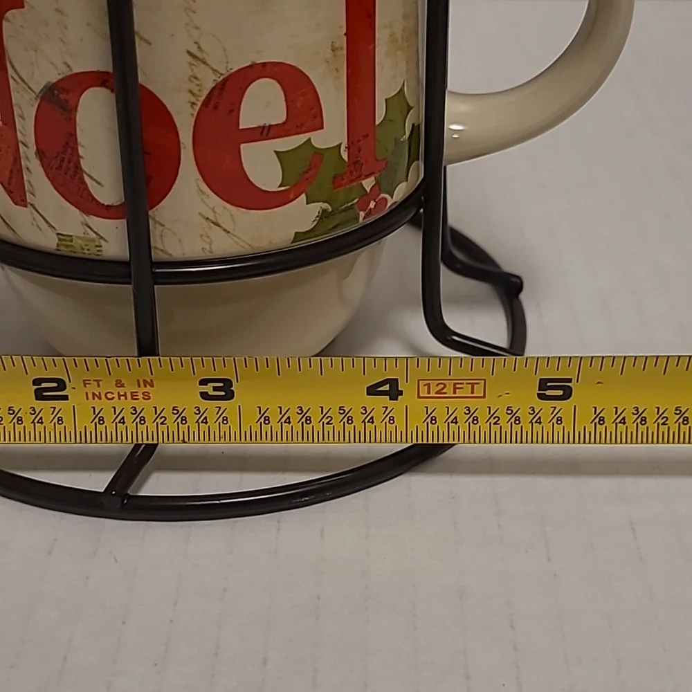 Pier 1 4 Stackable Stoneware Coffee Christmas Mugs w/Rack Love Joy Peace Noel